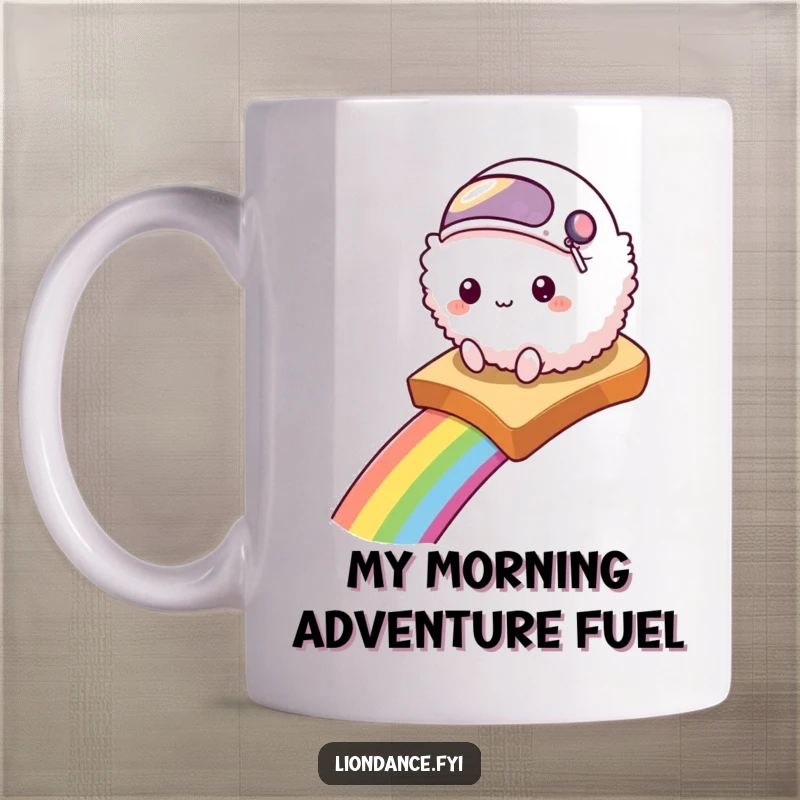 Funny mug showcasing a fluffy, round creature in a tiny helmet sliding down a rainbow on toast.