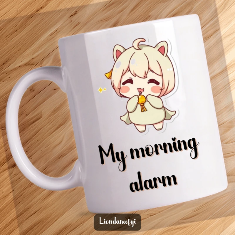 Funny Mug of a character energetically shaking a small, jingling prop with a happy expression.