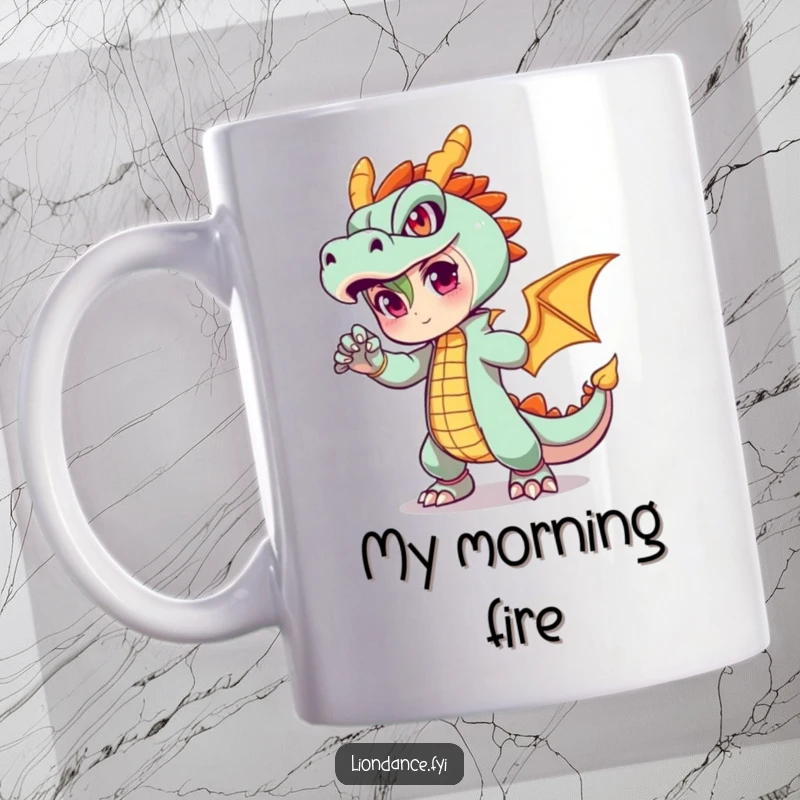 Funny mug featuring a character in a fiery dragon outfit striking a dynamic pose, exuding power and humor.