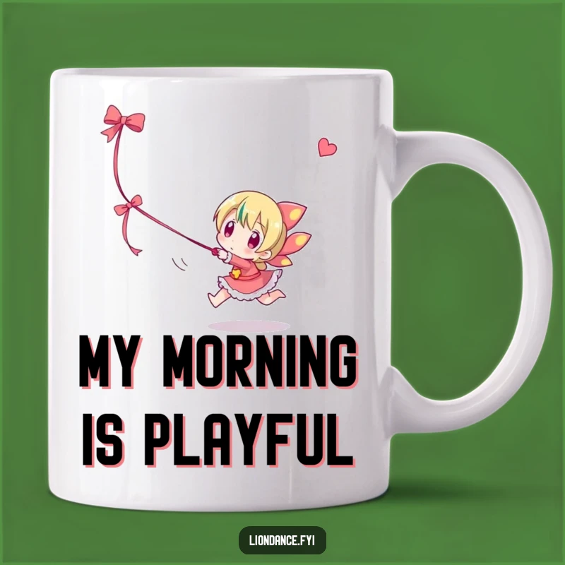 Funny Ribbon Chaser Mug: Playful Character Gift, Hilarious Feline Fun Mug