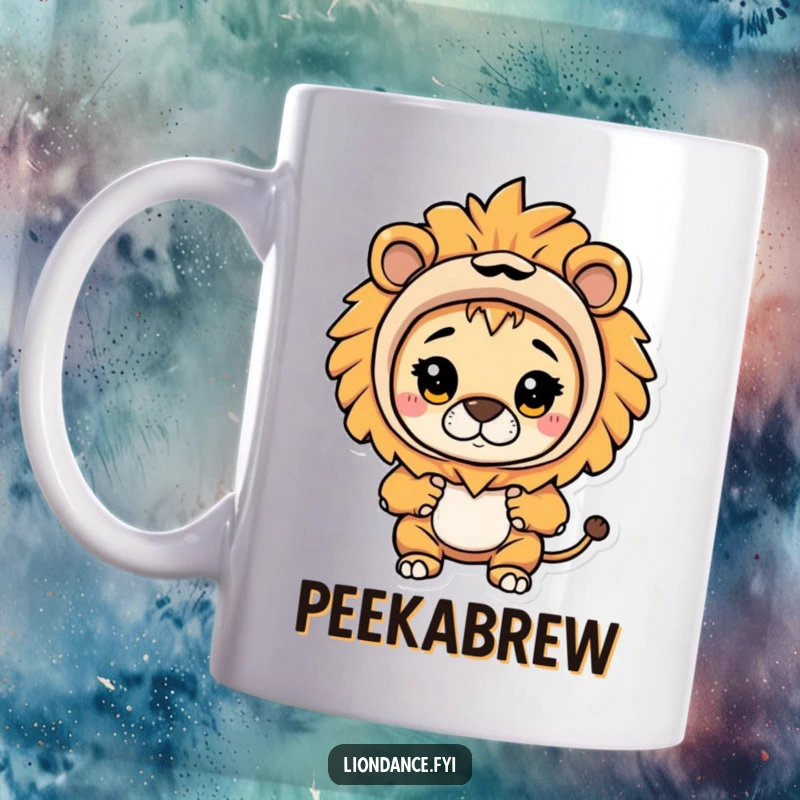 Funny mug featuring a character in a lion costume curiously peeking out, evoking a sense of playful mystery.