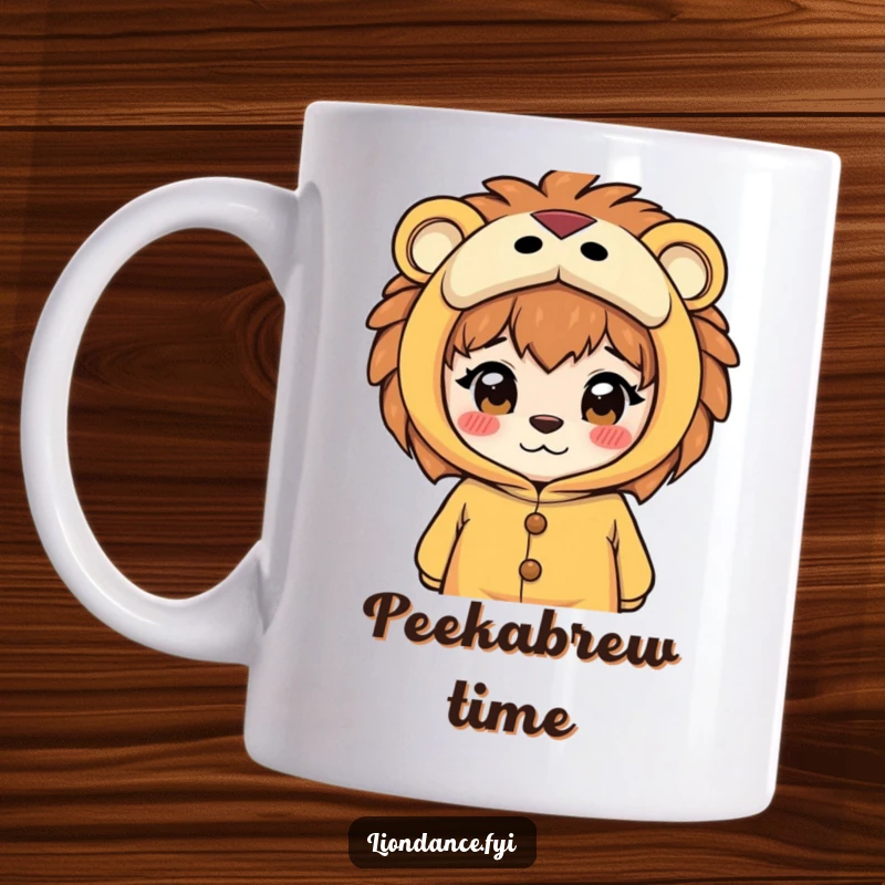 Funny mug featuring a curious character peeking out from the eyeholes of a lion costume, conveying playful mischief and hidden excitement.
