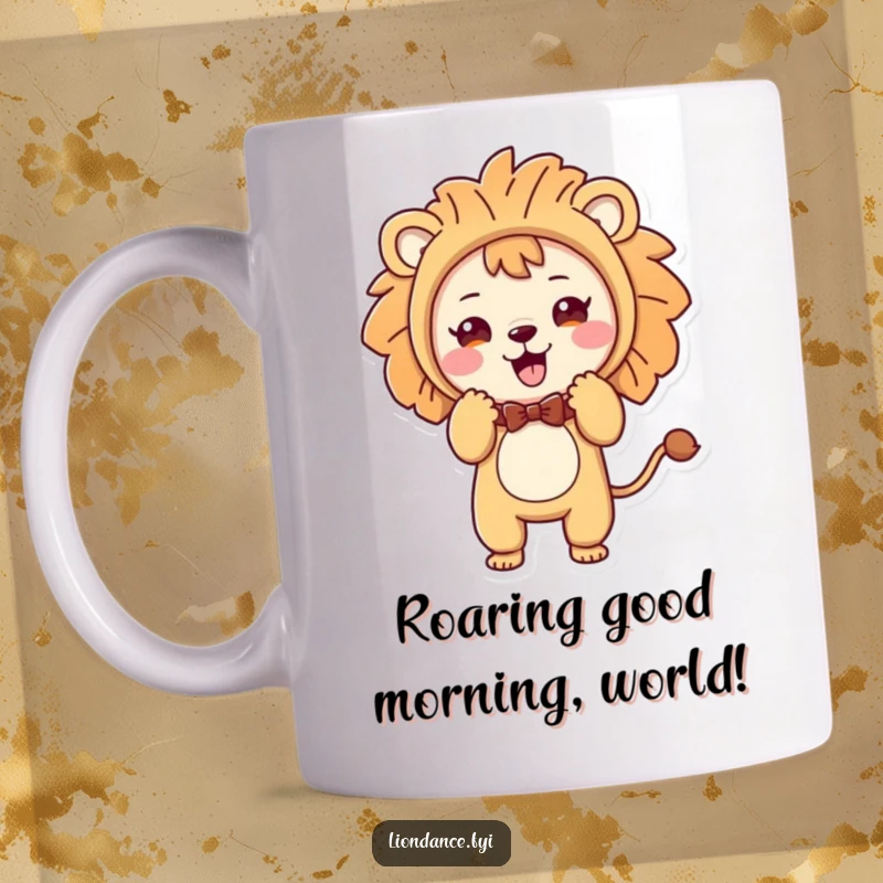 Funny lion costume mug featuring a cute character in a playful bow, radiating joy and silliness.