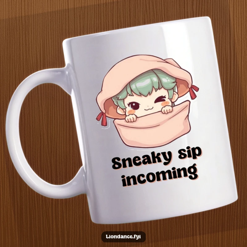 Funny Mug of a small character with a sly, mischievous grin, peeking out from behind a flowing silken banner.