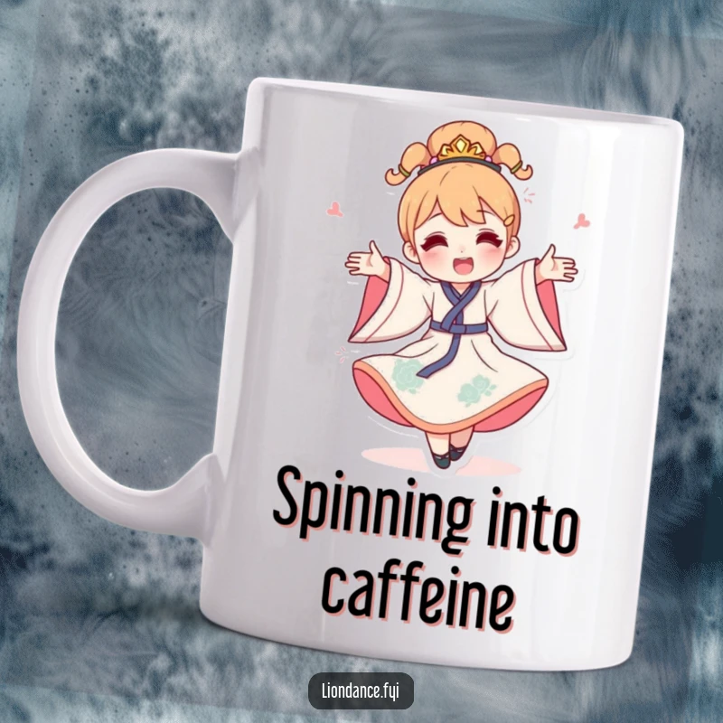 Funny spinning character mug, a happy figure in a flowing costume joyfully doing a celebratory spin, perfect gift.