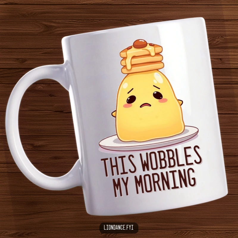 Funny Jelly Mug wobbling precariously with a tall stack of pancakes on its head, looking utterly bewildered and confused.