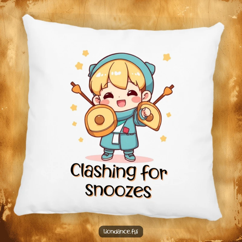 Funny Pillow: A character happily clashing cymbals with a wide grin, offering comfort and a dose of celebratory humor. Perfect for adding charm to seating areas.