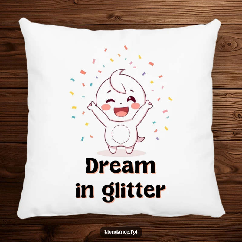 Funny pillow featuring a happy character with a wide smile, joyfully tossing confetti, adding comfort and a humorous touch to decor.
