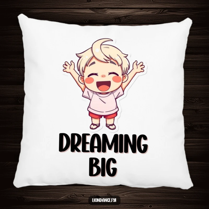 Funny pillow showcasing a delighted child character cheering with infectious enthusiasm, providing comfort and a daily dose of pure, unadulterated happiness.