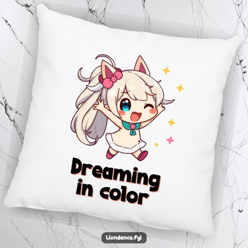 Funny streamer comfort pillow featuring a playful character in a dynamic pose with streamers, perfect for relaxing.