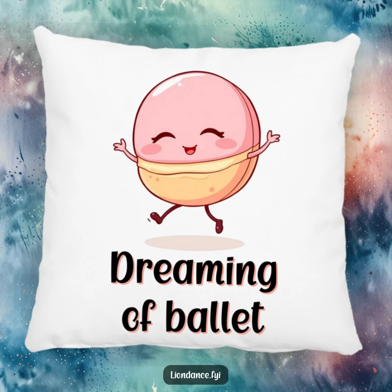 Funny pillow featuring a winking macaron with tiny legs, shakily doing a ballet pirouette, a soft and humorous decor item.