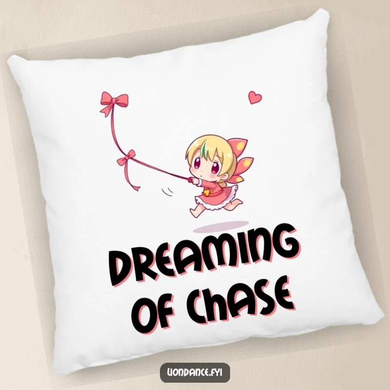 Funny pillow showing a character playfully chasing a dangling ribbon, a soft and humorous accent piece.