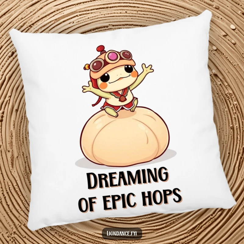Funny frog in a lion dance costume leaping over a huge dumpling, depicted on a soft, decorative throw pillow.