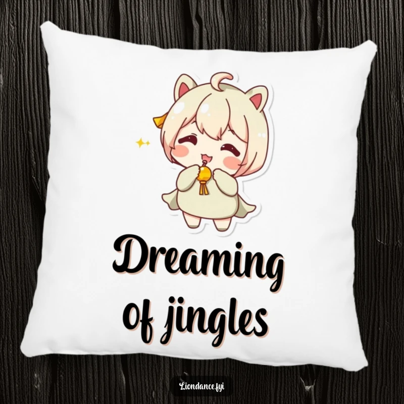 Funny Pillow depicting a character playfully shaking a jingling prop, ideal for adding comfort and humor.