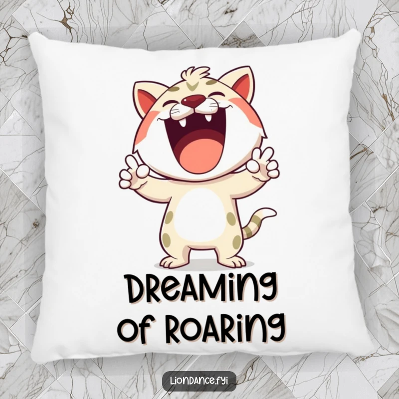 Funny pillow featuring a happy cartoon character making exaggerated roaring gestures, offering comfort and a bold, humorous statement.