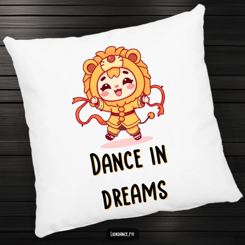 Funny character dancing with flowing ribbons and a lion costume on a soft pillow, offering comfort and festive cheer.