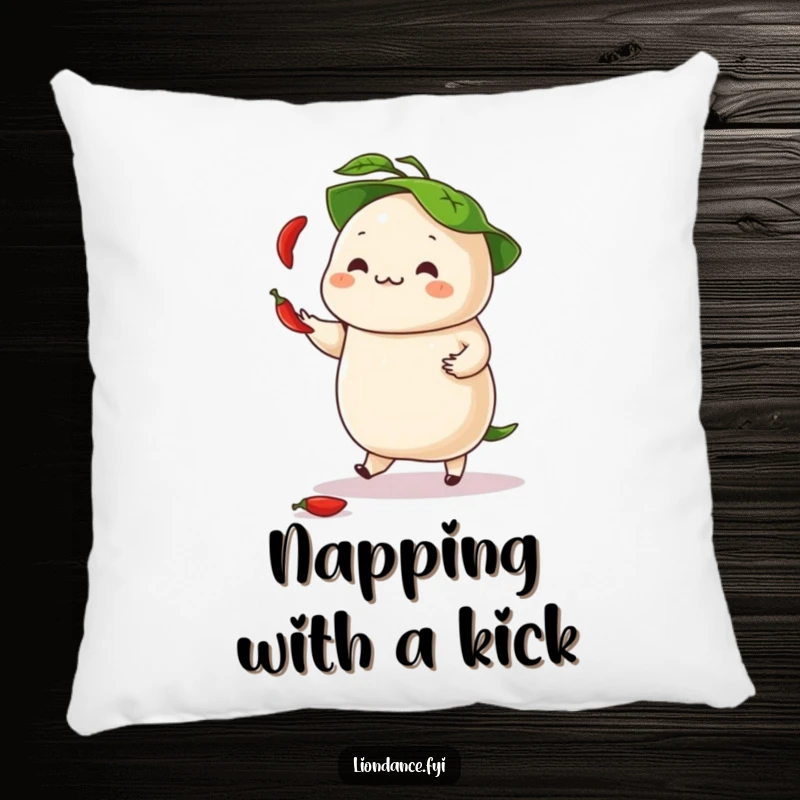 Funny pillow designed with a dancing dumpling juggling chili peppers, topped with a leafy hat, offering spicy comfort.