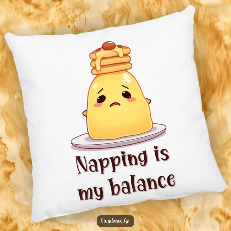 Funny Jelly Pillow featuring a bewildered blob of jelly trying its best to balance a stack of pancakes on its head.
