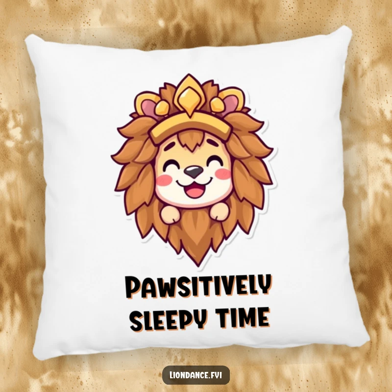 Funny lion headdress pillow with a happy character peeking out from the golden mane, sporting an irresistible, wide grin.