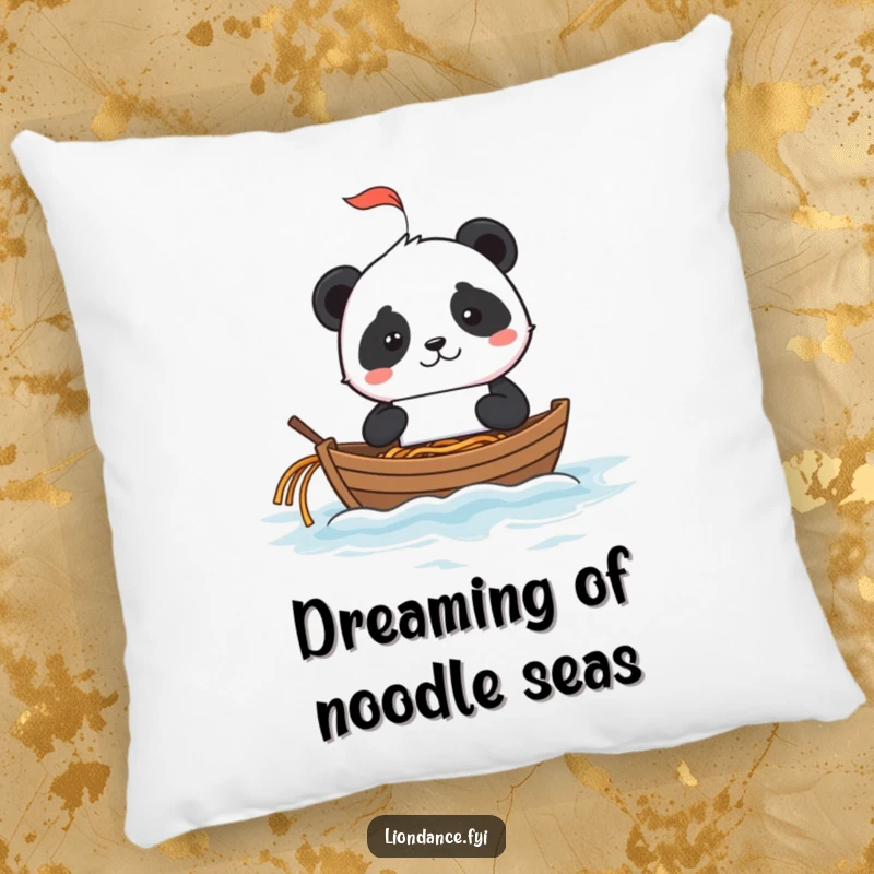 A mischievous panda is depicted sailing a fortune cookie boat on a noodle ocean, on a decorative pillow.