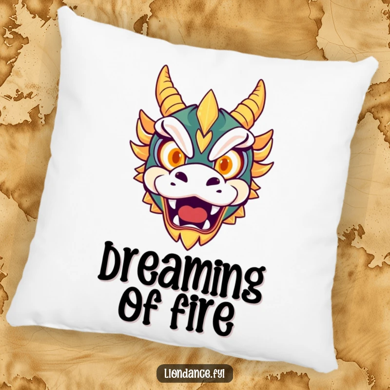 Funny pillow design of a cute dragon mask with glowing eyes roaring playfully, providing fierce comfort and humor.