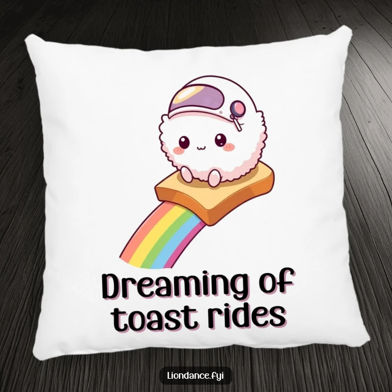 Funny pillow designed with a fluffy creature in a helmet on a rainbow toast slide, offering whimsical comfort.