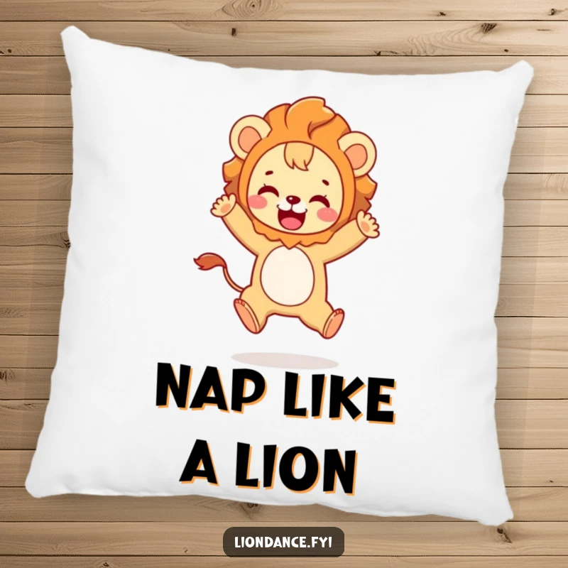 Funny pillow featuring a cute character in a lion costume playfully leaping with joy, perfect for comfort and humor.