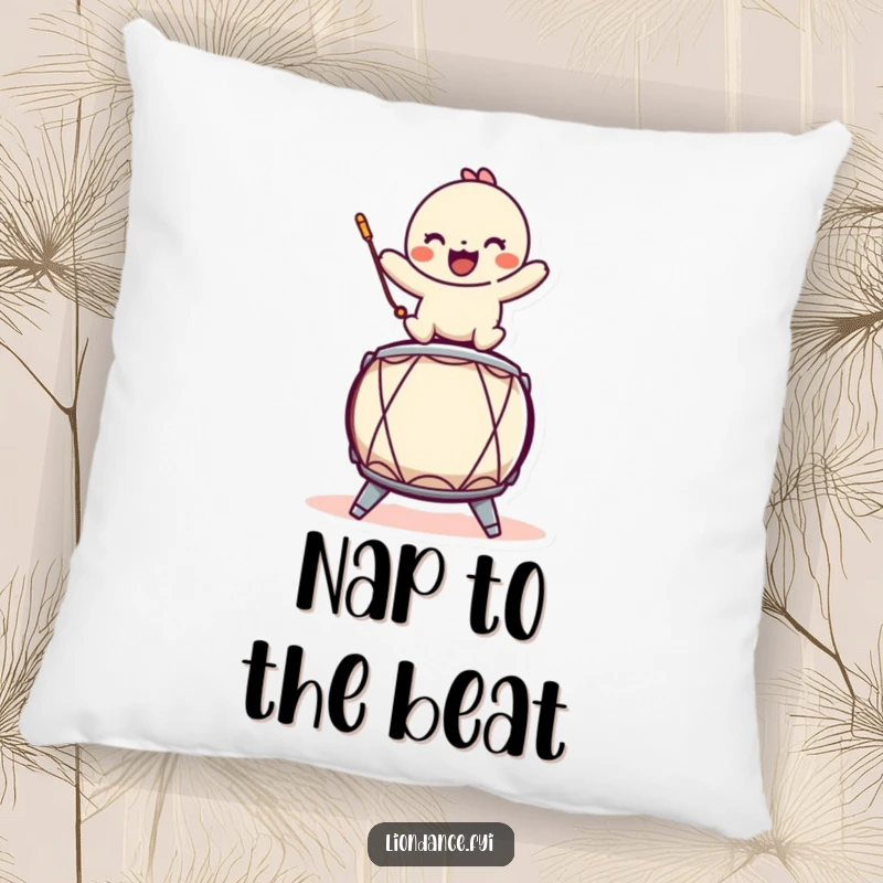 Funny decorative pillow with a playful character balancing on a stylized drum, perfect for comfort and musical humor.