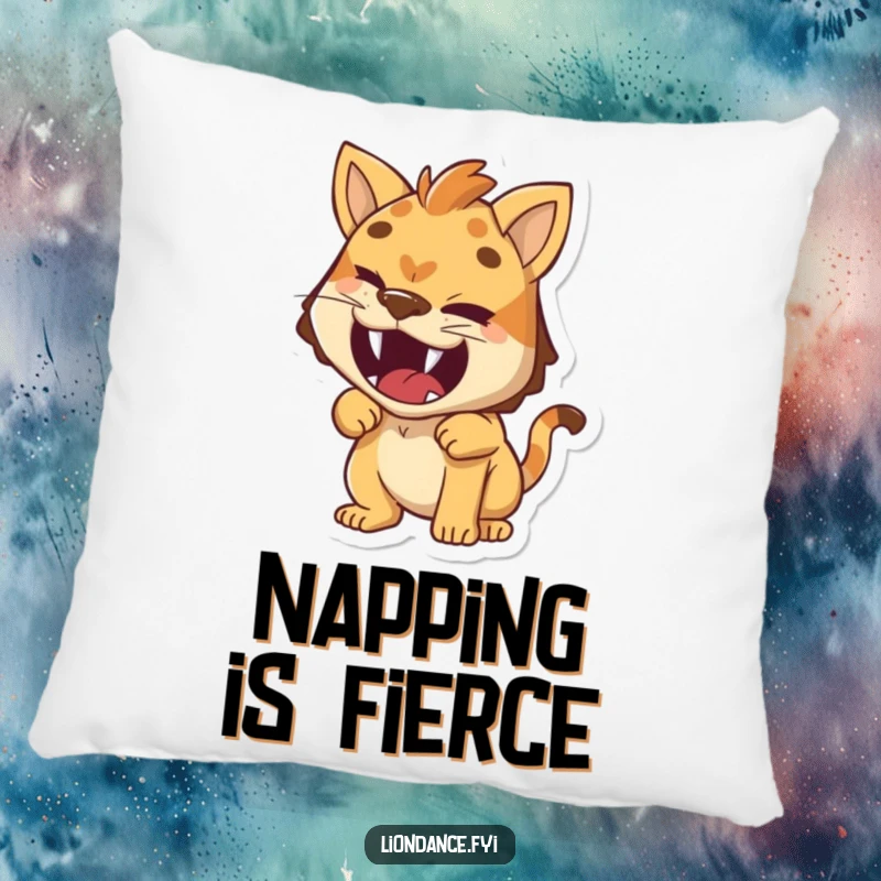 Funny pillow showing a small character with a cheeky wink, humorously pretending to roar, a soft and humorous accent.