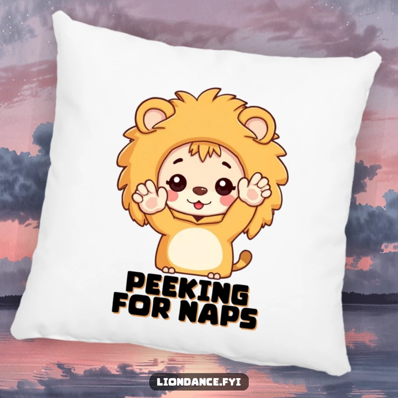 Funny pillow showcasing a character emerging from a lion costume to wave enthusiastically, bringing soft, cheerful humor.