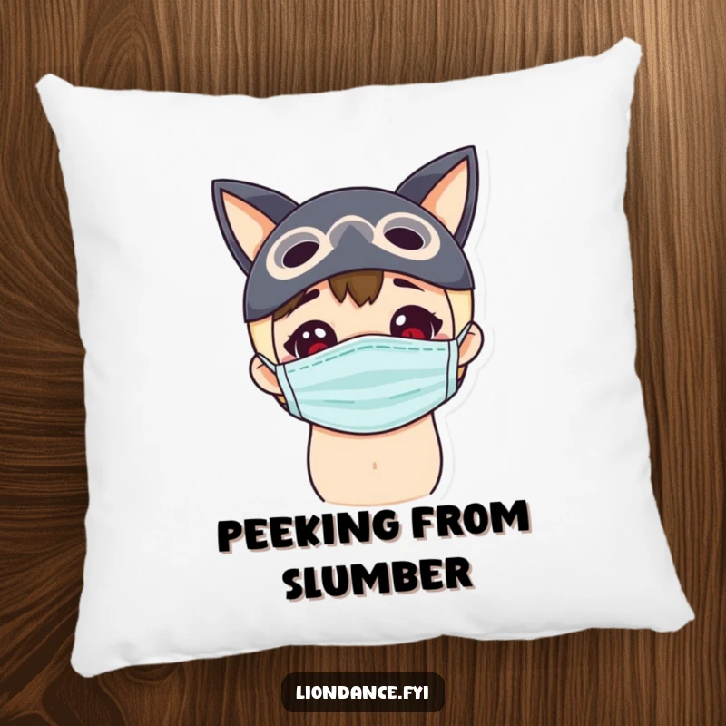 Funny curious mask pillow featuring a delighted character peeking with intrigue, perfect for cozy contemplation.
