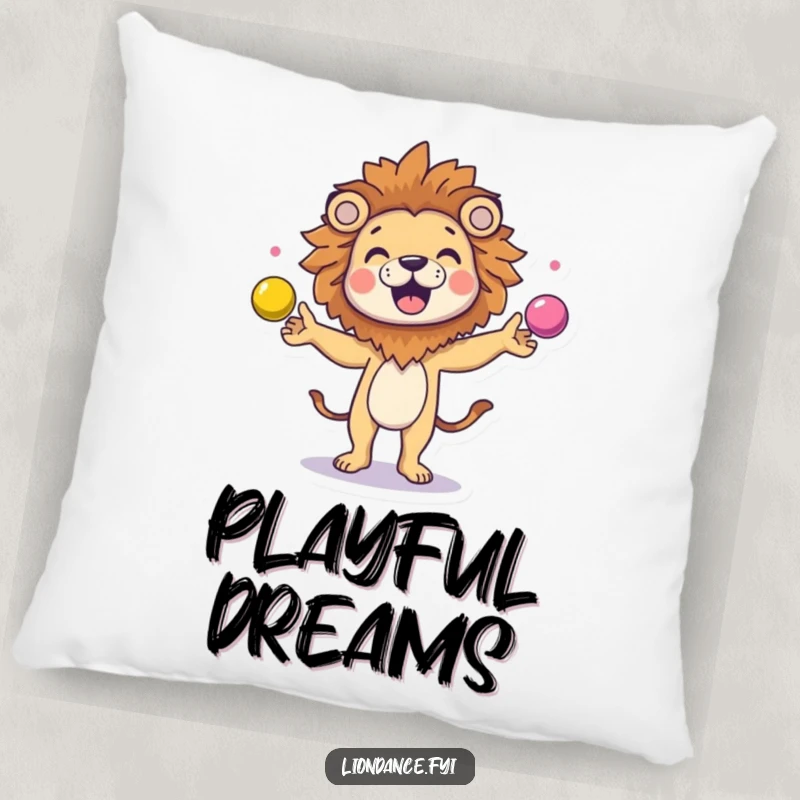 Funny character wearing a lion head costume, happily juggling colorful balls, on a soft pillow for playful decor.
