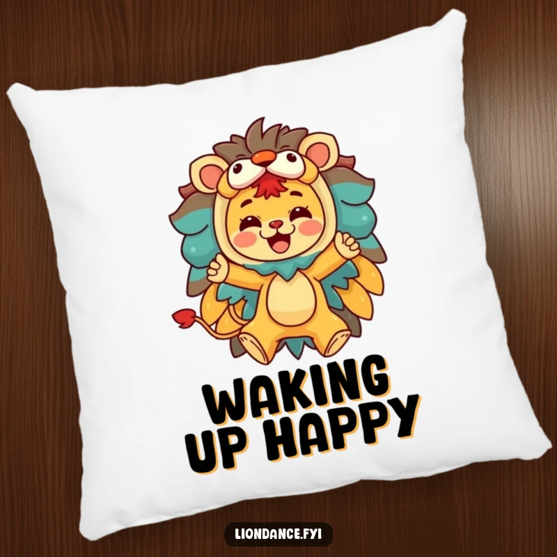Funny throw pillow with a character joyfully leaping from a colorful lion costume, offering comfort and energetic humor.