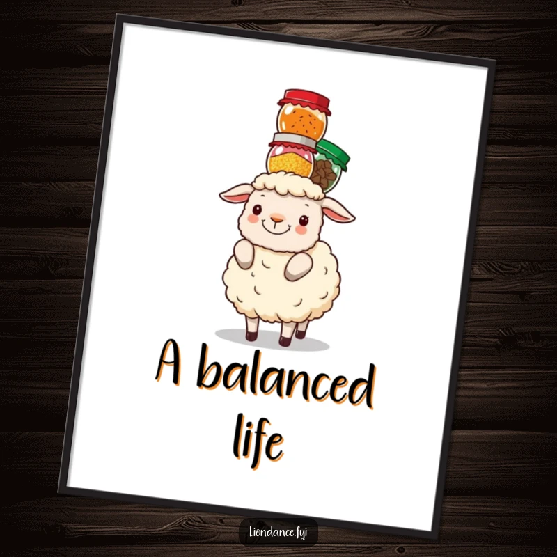 Funny fluffy sheep balancing a tower of colorful spice jars on its head, digital art print for download.
