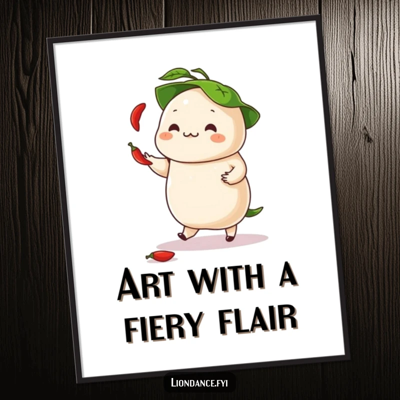 Funny digital art print of a dancing dumpling juggling chili peppers under its leafy hat, radiating spicy energy.