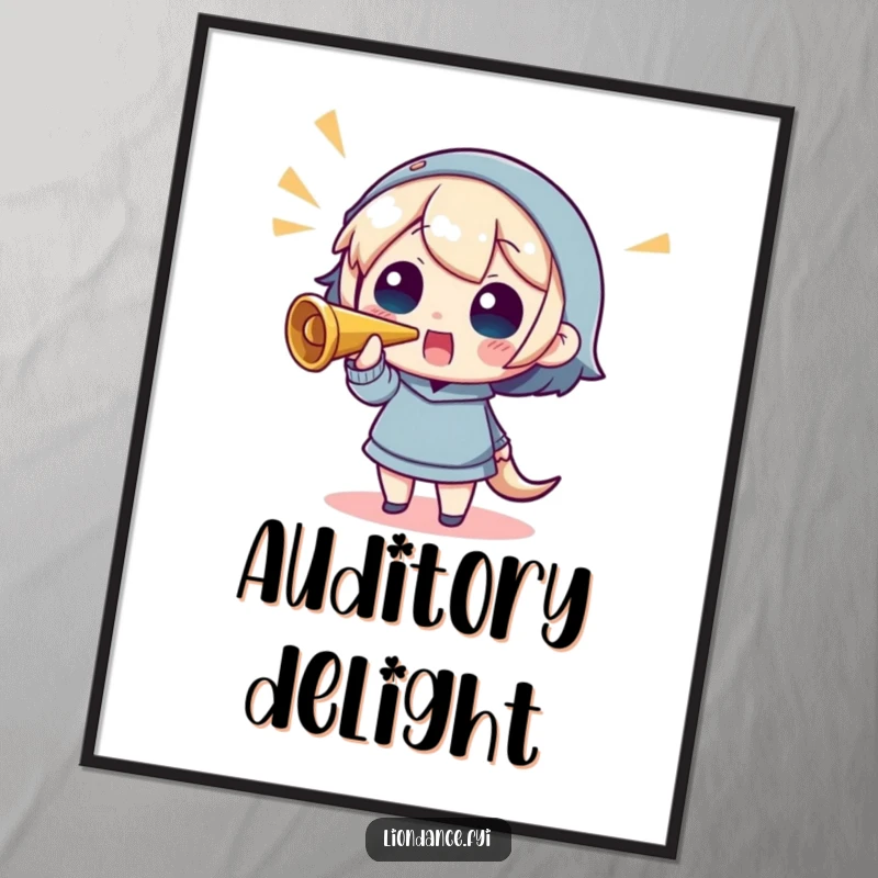 Funny digital art print of a character blowing a horn, capturing a moment of exuberant celebration and fun.