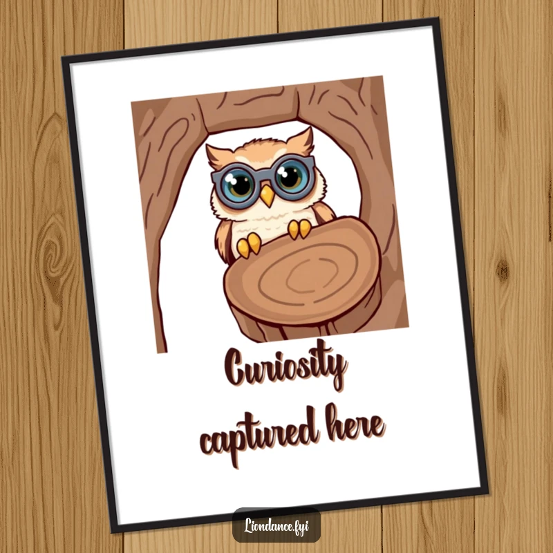 Funny digital art print of a cute owl wearing oversized binoculars, comically peering into a hollow log, adding whimsical humor.