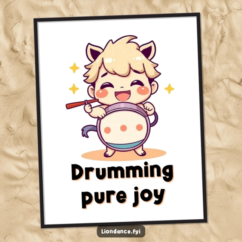 Funny Digital Art Print: A character drumming with a wide, happy grin, radiating rhythmic joy and energetic fun. Instantly downloadable humor for your walls.