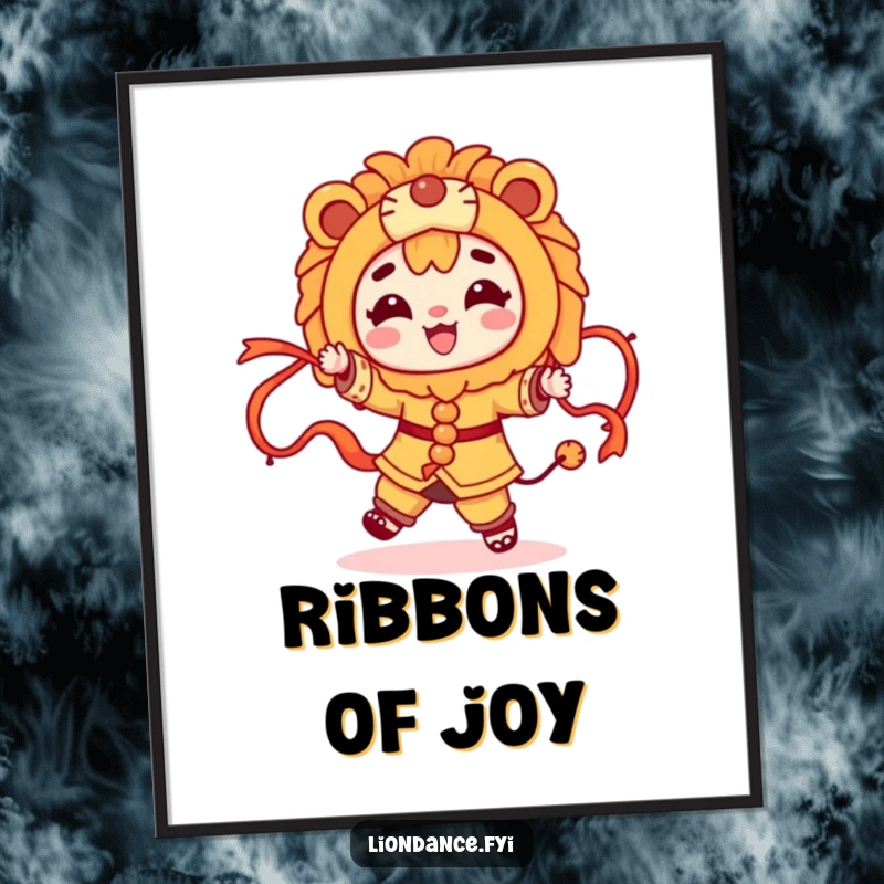 Funny character dancing with flowing ribbons and a lion costume, available as a digital art print for instant festive decor.