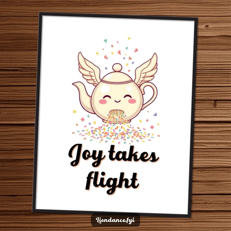 Funny Flying Teapot Digital Art Print of a cheerful, winged teapot pouring a cascade of confetti.