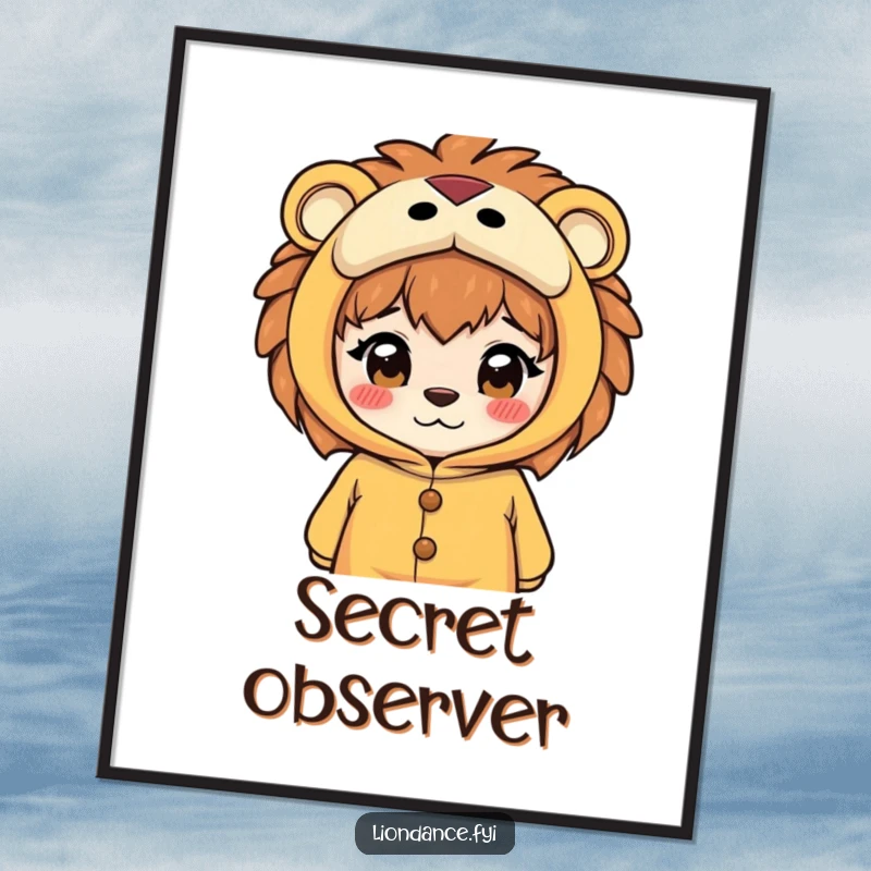 Funny digital art print of a curious character peeking through the eyeholes of a lion costume, conveying playful intrigue and artistic humor.