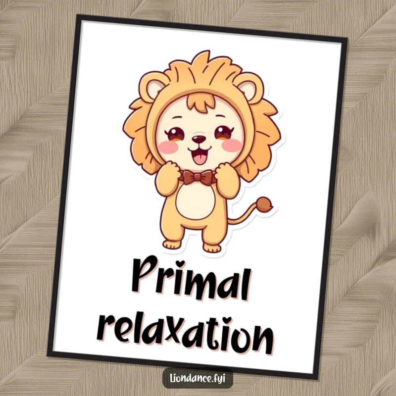 Funny digital art print of a cute character dressed as a lion, doing a playful bow, radiating cheerful humor.