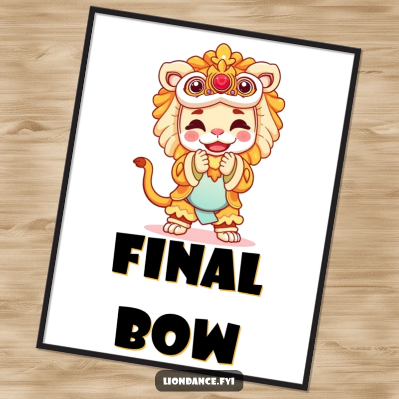 Funny digital art print of a joyful performer in a majestic lion costume bowing, perfect for instant wall decor and humor.