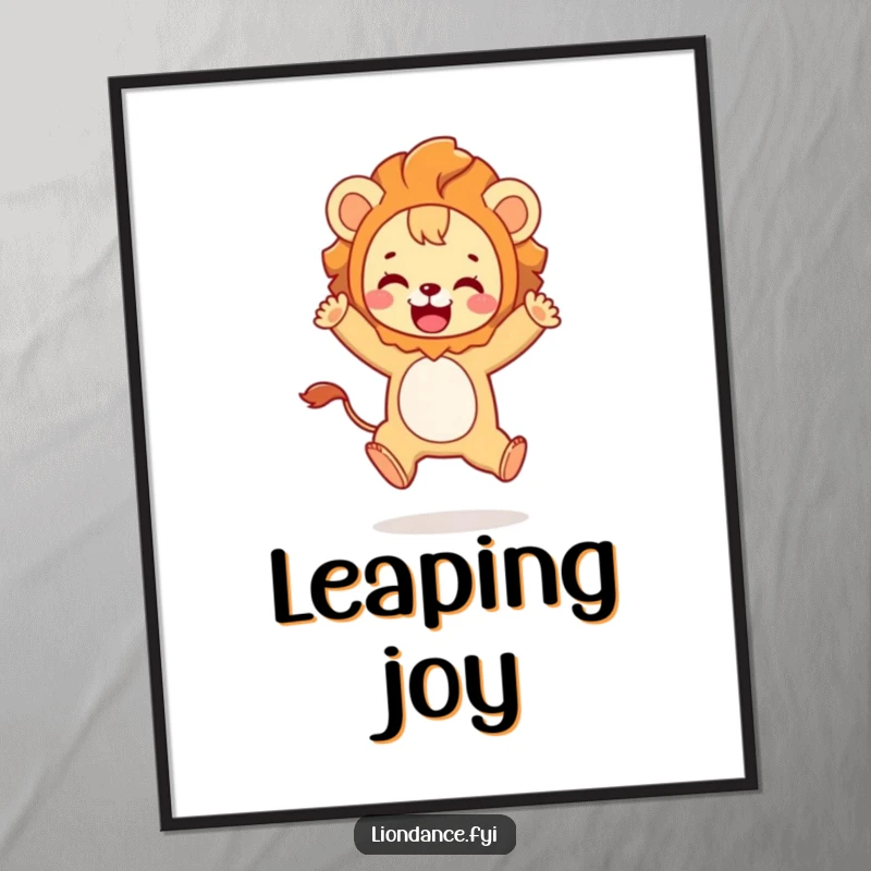 Funny digital art print of a cute character in a lion costume playfully leaping with joy, ready for printing.