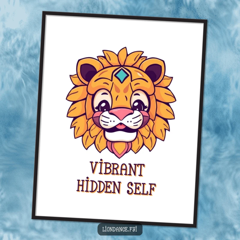 Funny lion mask digital art featuring a smiling character peeking from behind the mask, vibrant and humorous.