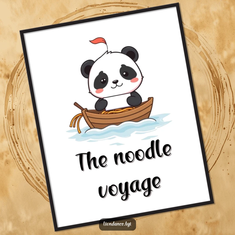 Mischievous panda using a fortune cookie as a tiny sailboat on a noodle ocean, digital art print download.