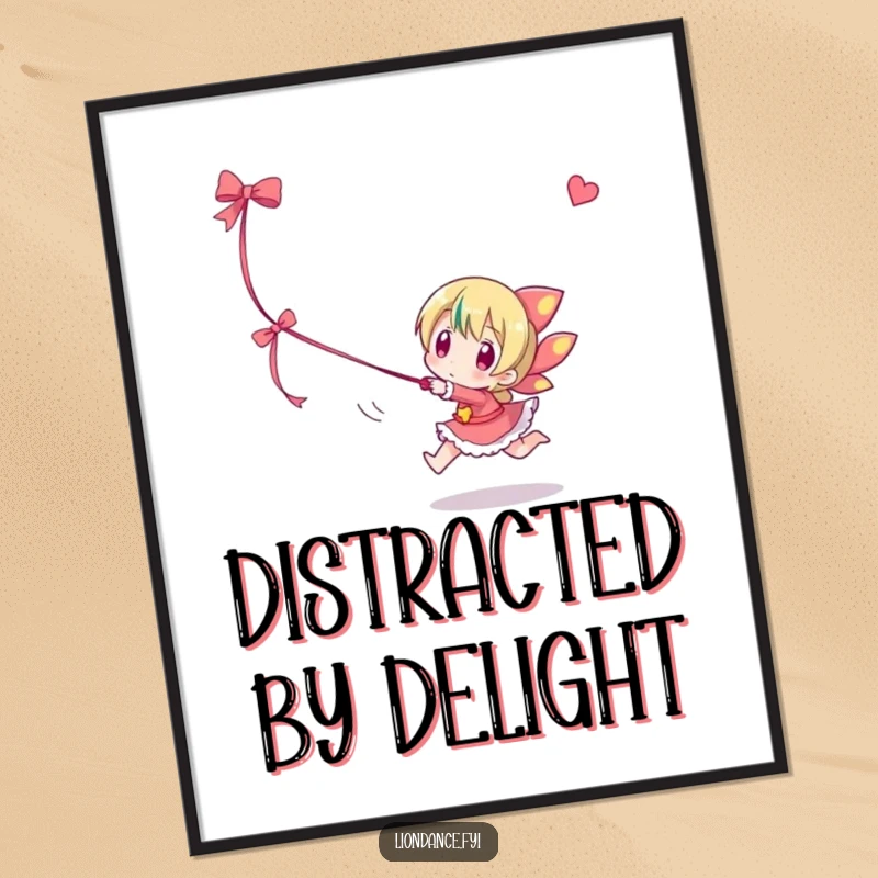 Funny digital art print of a character playfully chasing a dangling ribbon, conveying pure joy and whimsical energy.