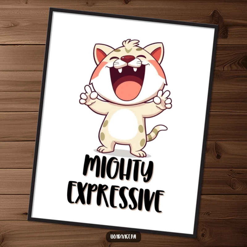 Funny digital art print of a happy cartoon character making exaggerated roaring gestures, creating a dynamic and energetic wall display.