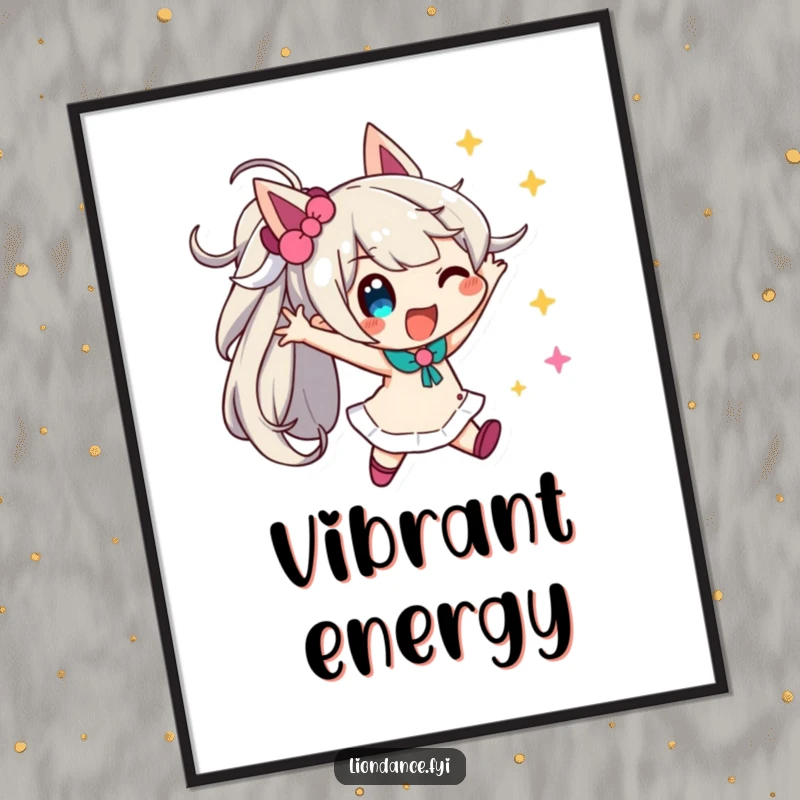 Funny streamer pose digital art print of a playful character dynamically posing with streamers, adding festive cheer.