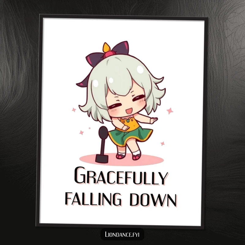 Funny digital art print of a dancer comically tripping over a prop mid-dance, a humorous and dynamic visual.